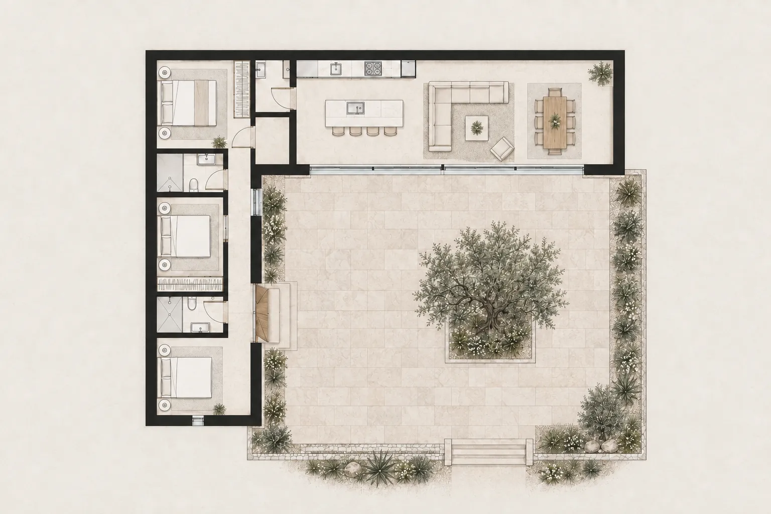 Planta ilustrativa mobilada da moradia em L, com pátio, entrada em madeira e envidraçado voltado para o exterior.