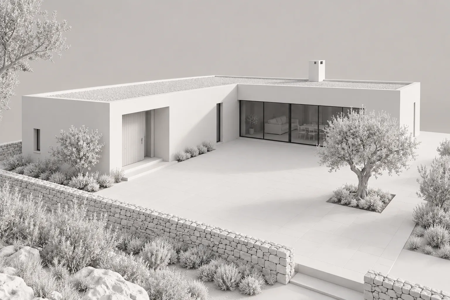 Modelo tridimensional branco da mesma moradia e pátio.